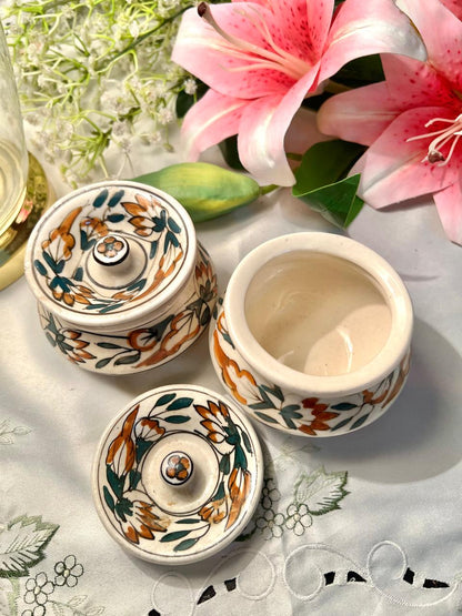 Hand Painted Pair of Vintage Floral Lidded Ceramic Trinket Jars – 3 Inch
