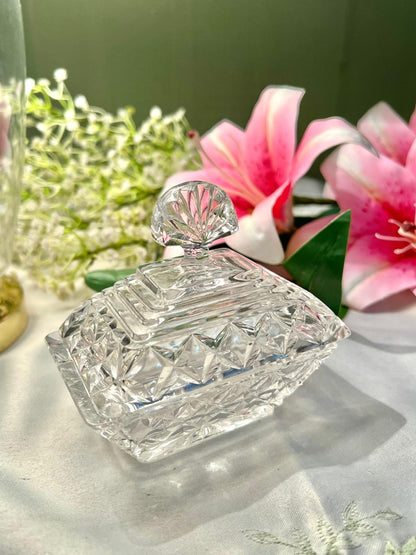 Vintage Rectangular Cut Crystal Trinket Dish with Lid– 4 Inch
