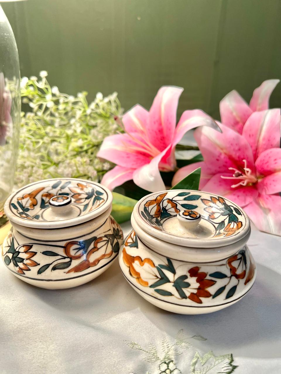 Hand Painted Pair of Vintage Floral Lidded Ceramic Trinket Jars – 3 Inch