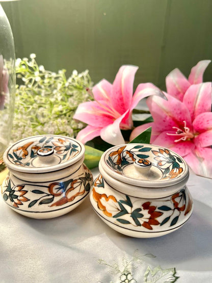 Hand Painted Pair of Vintage Floral Lidded Ceramic Trinket Jars – 3 Inch
