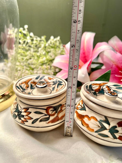 Hand Painted Pair of Vintage Floral Lidded Ceramic Trinket Jars – 3 Inch