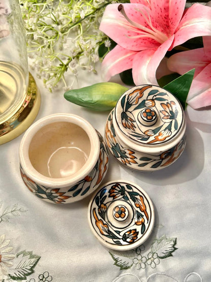 Hand Painted Pair of Floral Lidded Ceramic Trinket Jars – 3 Inch