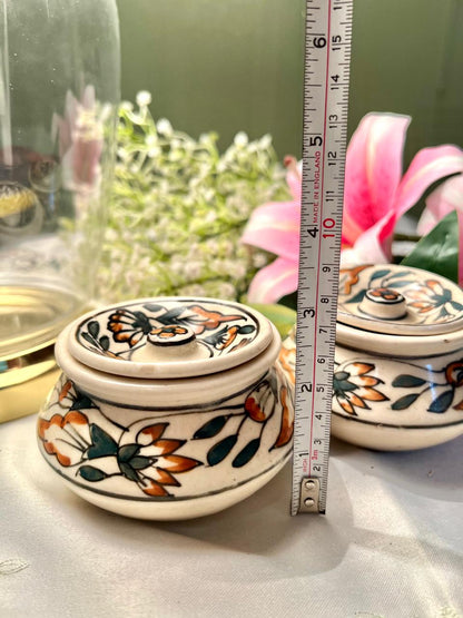 Hand Painted Pair of Floral Lidded Ceramic Trinket Jars – 3 Inch