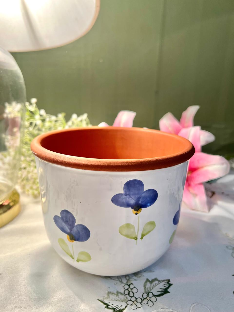 Hand painted Blue Floral Terracotta Planter – 5 Inch