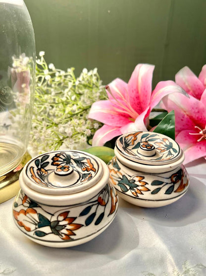 Hand Painted Pair of Floral Lidded Ceramic Trinket Jars – 3 Inch