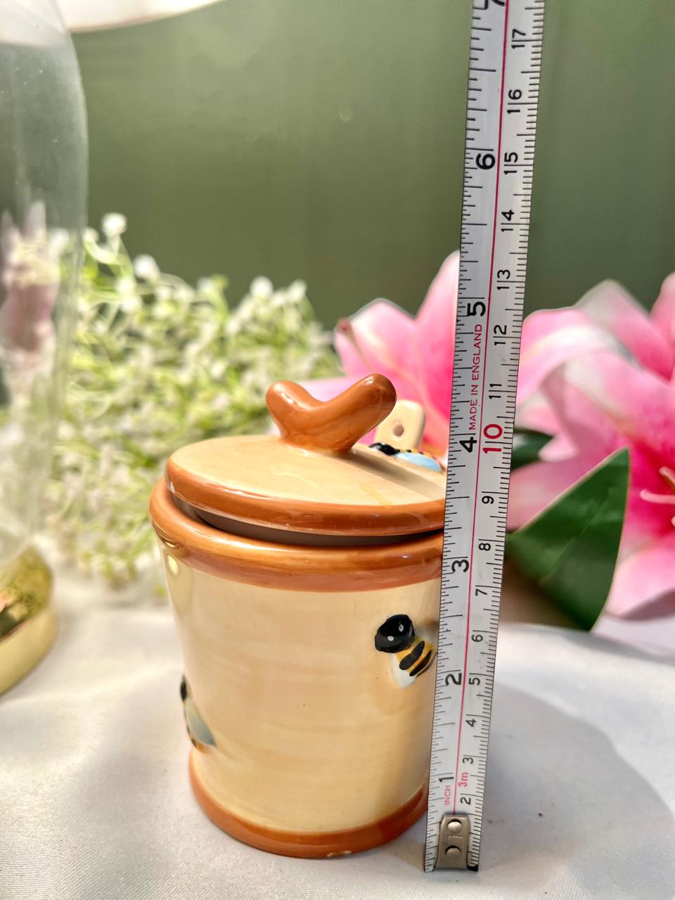 Hand Painted Ceramic Bee Honey Pot with Lid & Spoon – 4 Inch