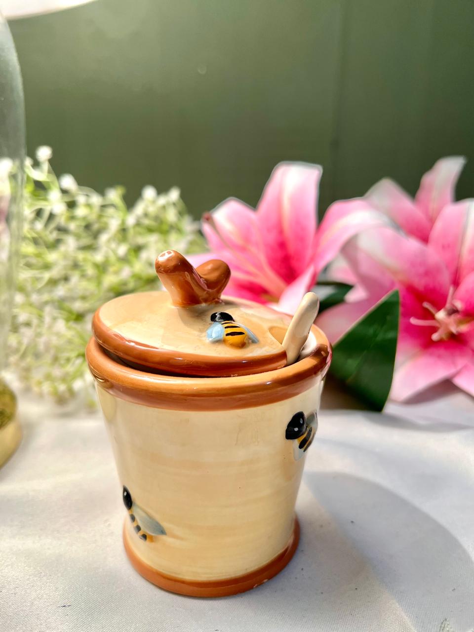 Hand Painted Ceramic Bee Honey Pot with Lid & Spoon – 4 Inch