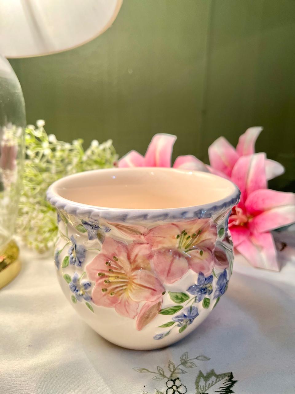 Hand Painted Floral Relief Ceramic Planter – 5 Inch