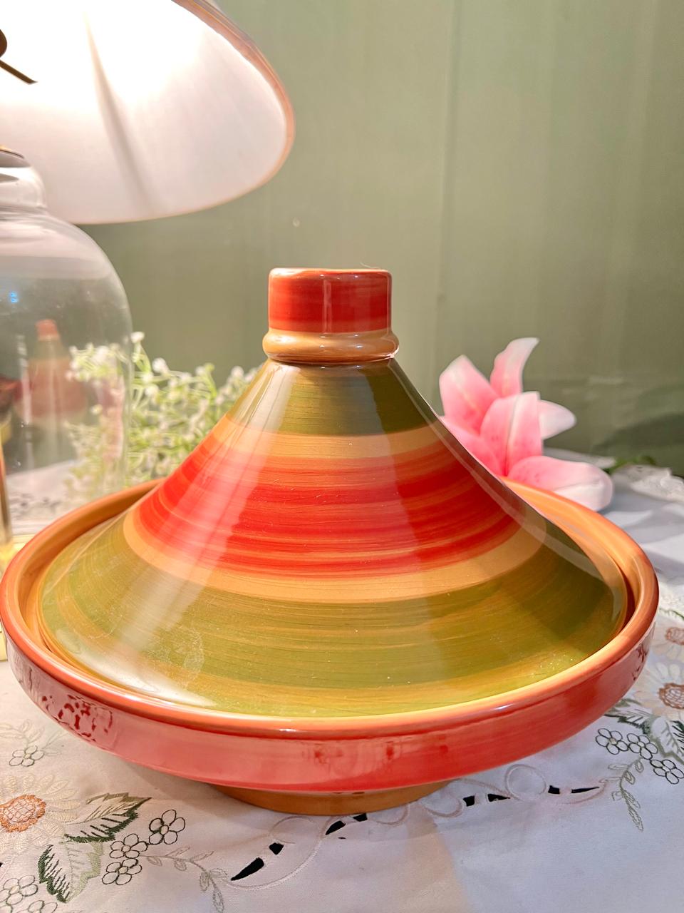 Hand Painted Large Striped Ceramic Tagine Serving Dish – Approx. 12 Inch