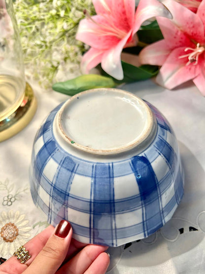 Hand Painting Blue & White Plaid Ceramic Large Serving Bowl – 7 Inch