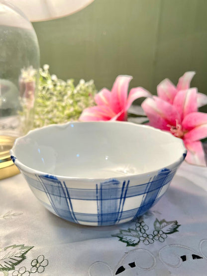 Hand Painting Blue & White Plaid Ceramic Large Serving Bowl – 7 Inch