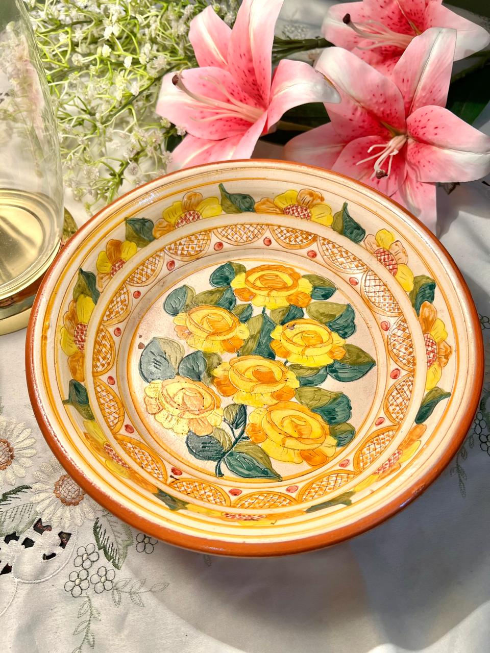 Hand Painted Yellow Floral Ceramic Large Deep Serving Bowl – 10 Inch