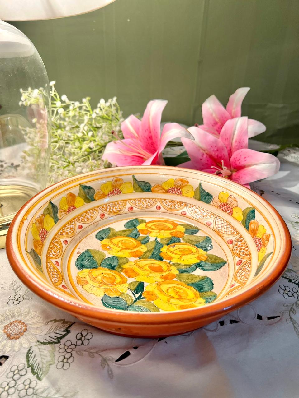 Hand Painted Yellow Floral Ceramic Large Deep Serving Bowl – 10 Inch