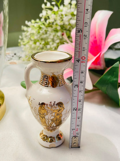 Vintage White & Gold Greek-Style Ceramic Amphora Vase Approx. 10cm