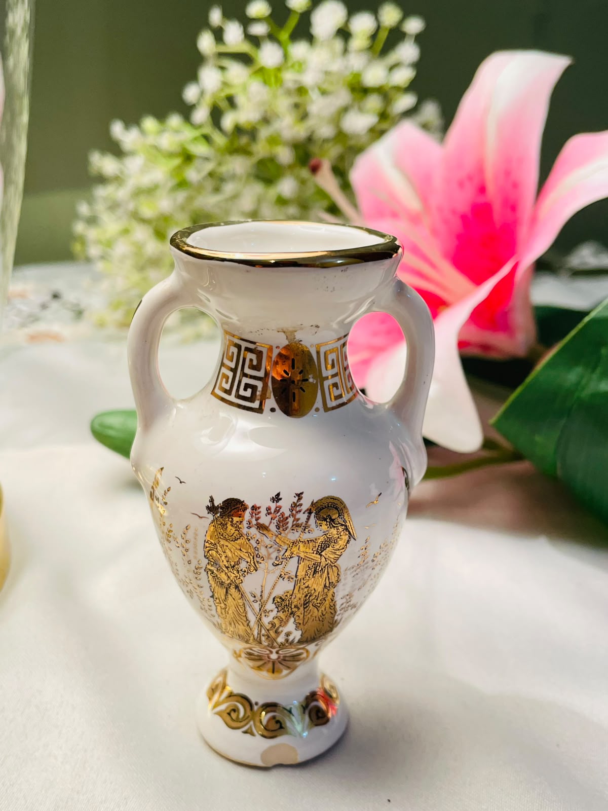Vintage White & Gold Greek-Style Ceramic Amphora Vase Approx. 10cm