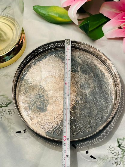 Vintage Queen Anne Silver  Embossed Round Serving Tray – Approx. 8 in