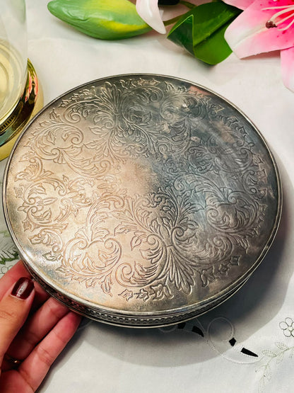 Vintage Queen Anne Silver  Embossed Round Serving Tray – Approx. 8 in