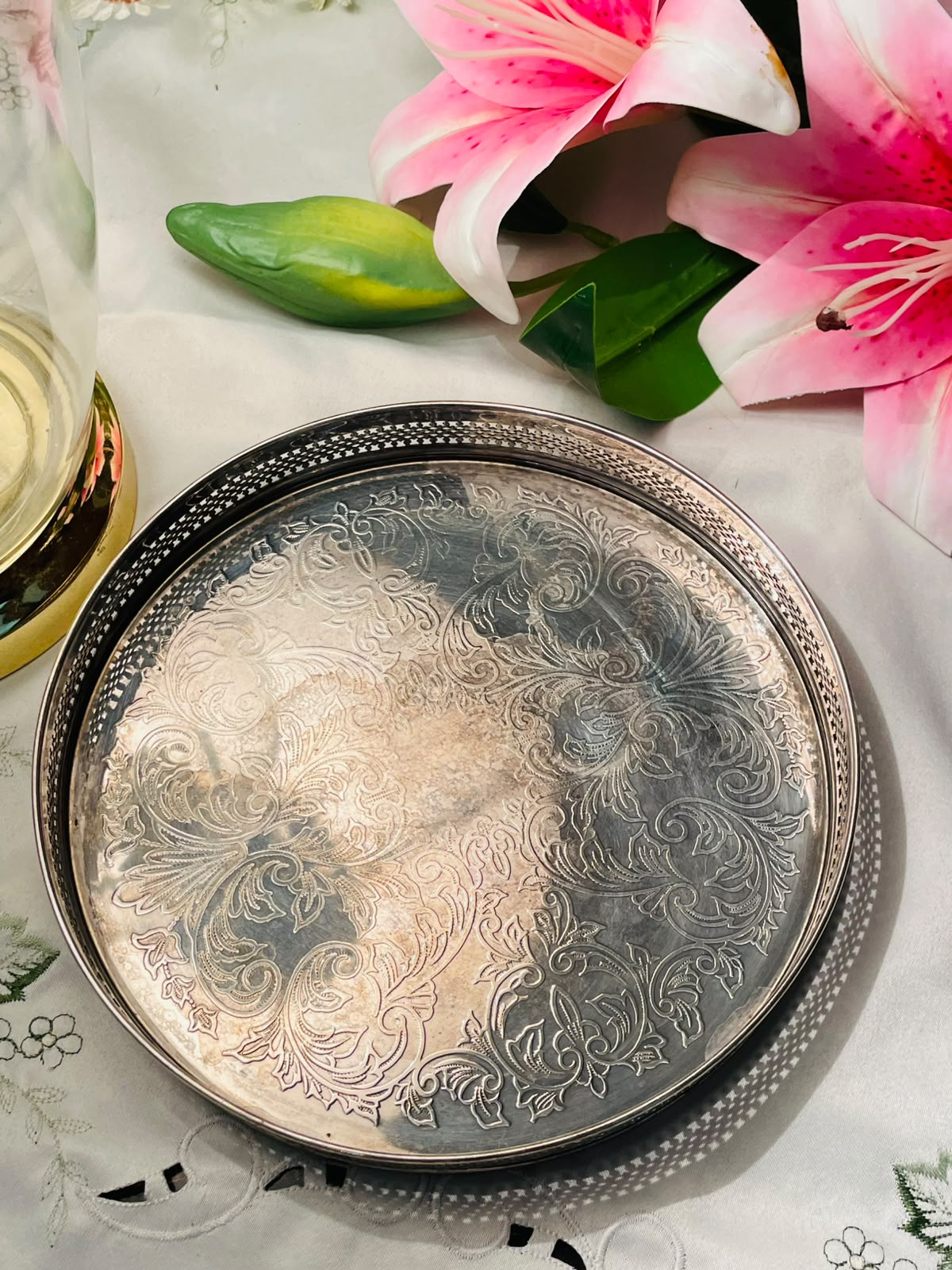 Vintage Queen Anne Silver  Embossed Round Serving Tray – Approx. 8 in