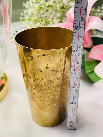 Vintage Brass Floral Tumbler Vase / Brass Glass – 5.5 Inch