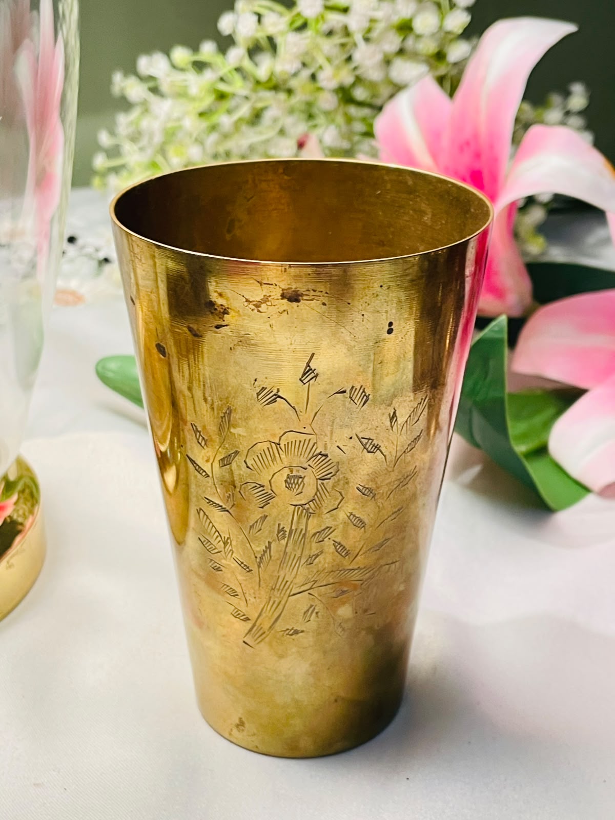 Vintage Brass Floral Tumbler Vase / Brass Glass – 5.5 Inch