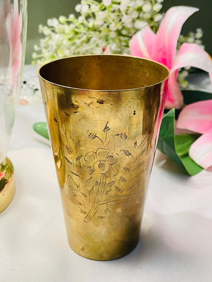 Vintage Brass Floral Tumbler Vase / Brass Glass – 5.5 Inch