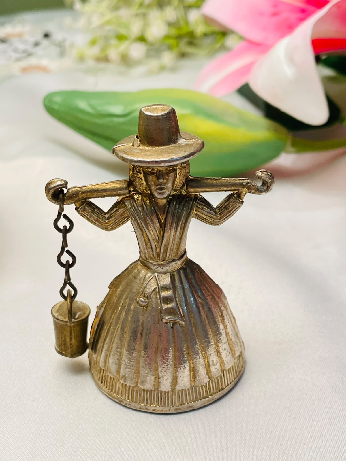 2.5" Brass Bell Woman Carrying Bucket Miniature Figurine