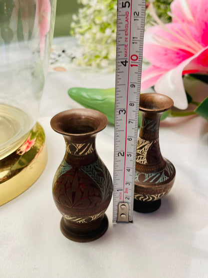 2-Piece 3" Brass Mini Decorative Vases with Floral Detailing