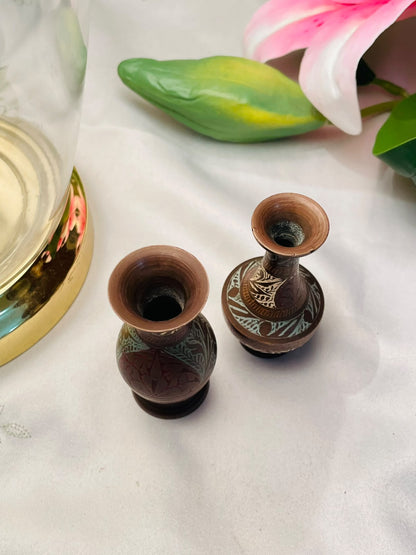 2-Piece 3" Brass Mini Decorative Vases with Floral Detailing