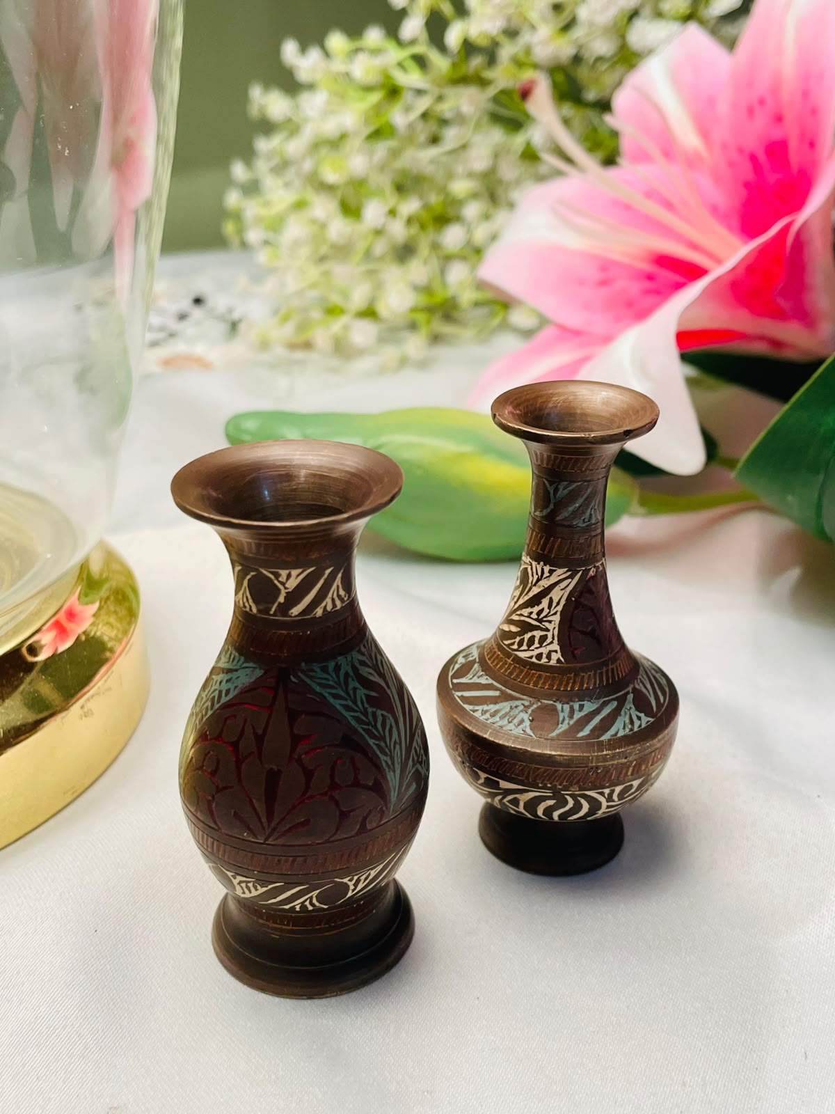 2-Piece 3" Brass Mini Decorative Vases with Floral Detailing