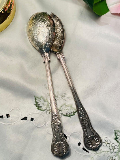 Queen Anne Silver Fruit Motif Salad Serving Set 2-Piece 9.25"