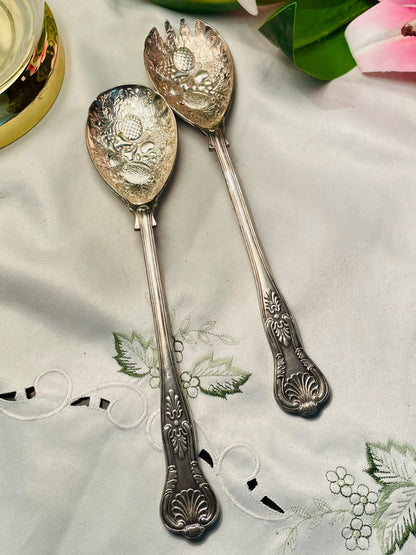 Queen Anne Silver Fruit Motif Salad Serving Set 2-Piece 9.25"
