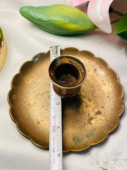 Vintage Brass Candle Holder with Scalloped Tray 5 in