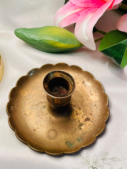 Vintage Brass Candle Holder with Scalloped Tray 5 in