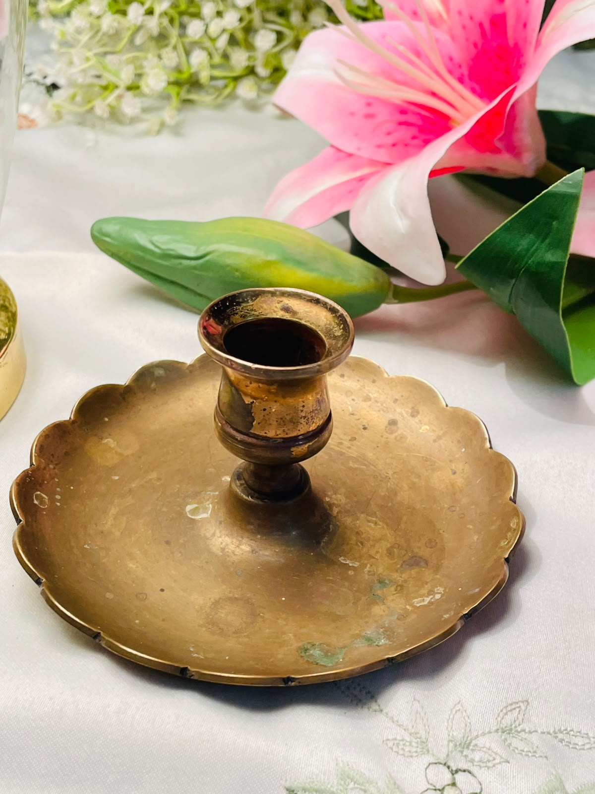 Vintage Brass Candle Holder with Scalloped Tray 5 in