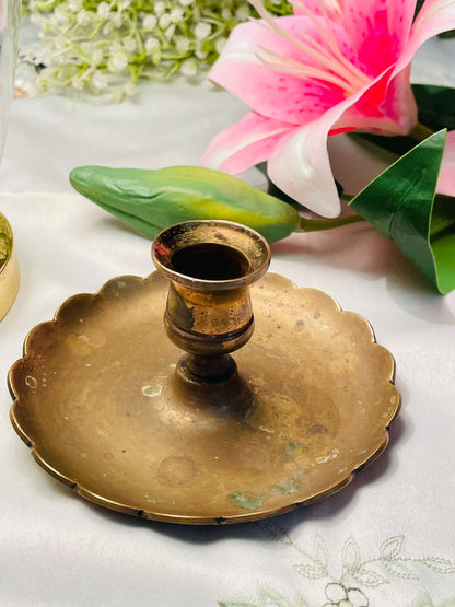 Vintage Brass Candle Holder with Scalloped Tray 5 in