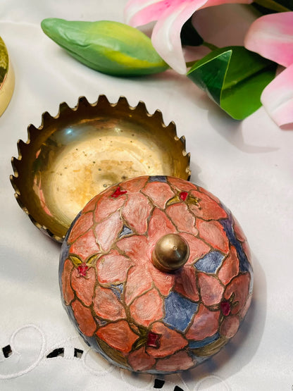Floral Painted Brass Lidded Trinket Box 4 in