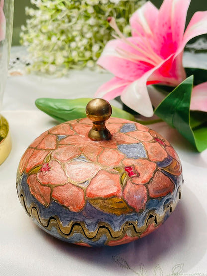 Floral Painted Brass Lidded Trinket Box 4 in