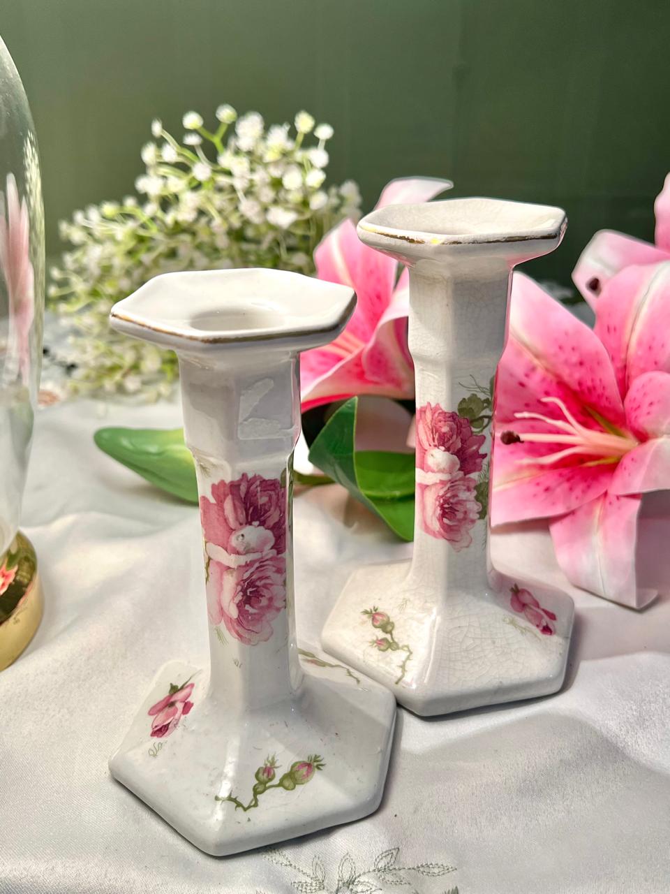 2-Piece Floral Ceramic Candle Holder Set with candles