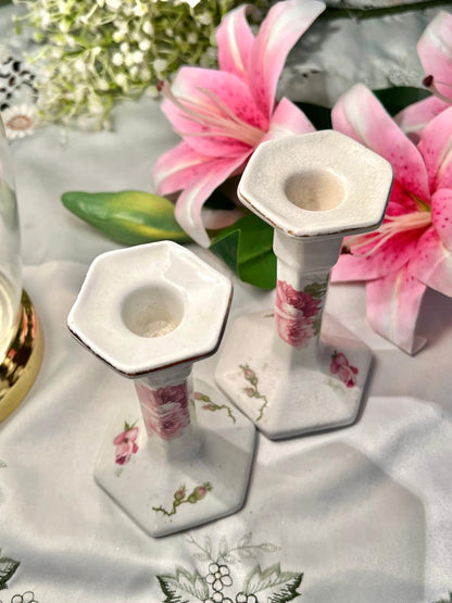 2-Piece Floral Ceramic Candle Holder Set with candles