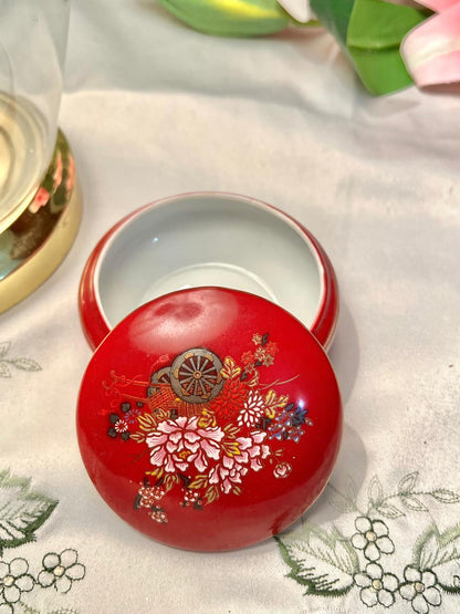 Vintage Red Floral Trinket Box – Approx. 9 cm