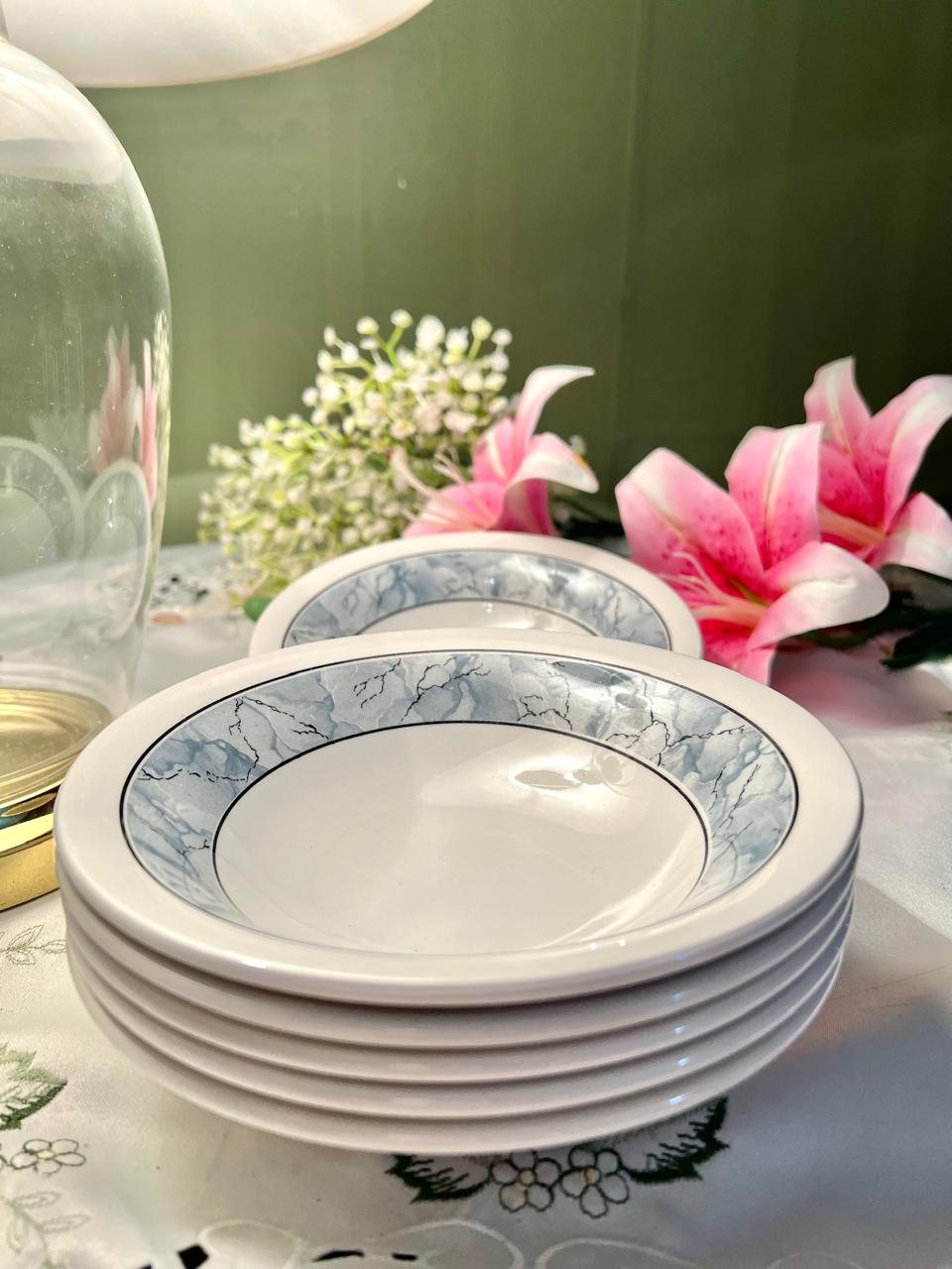 Ceramic Blue Marble Rim Bowls – Set of 6, 7 Inch