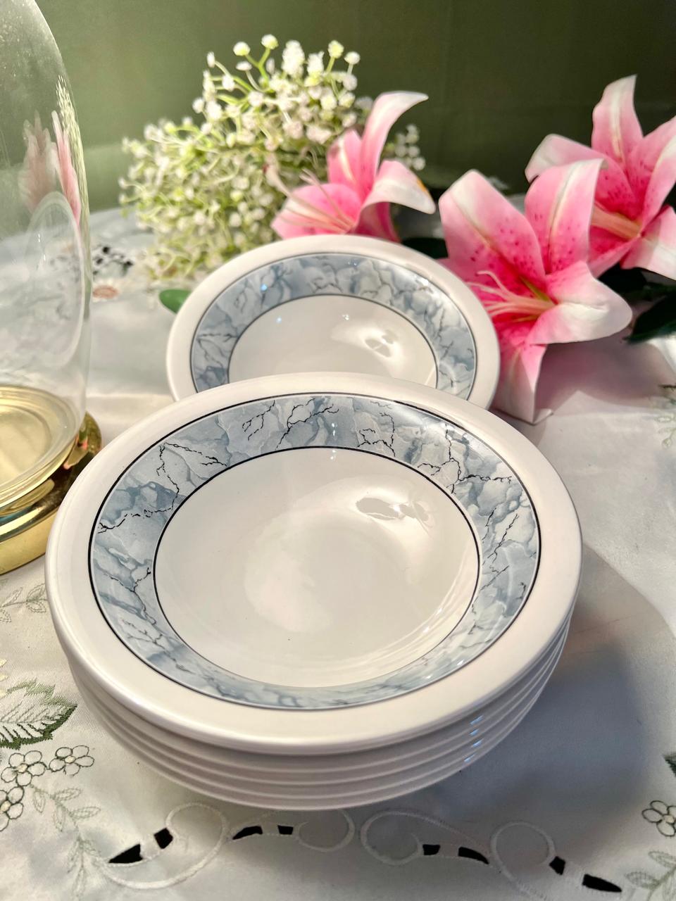 Ceramic Blue Marble Rim Bowls – Set of 6, 7 Inch