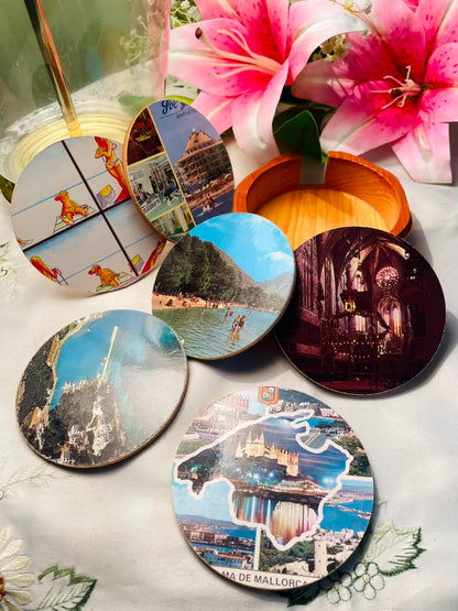 6 Scenic Souvenir Coasters with Wooden Holder 4 in