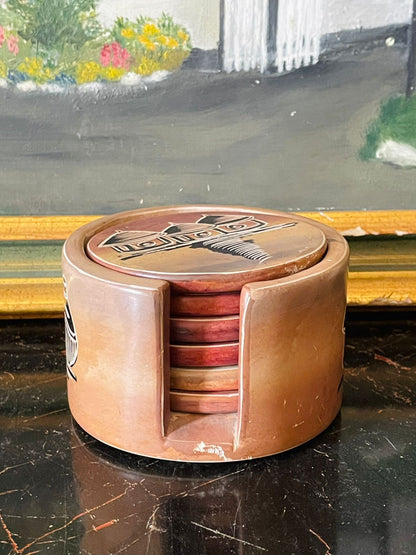 African coaster set, tribal pottery, hand-painted ceramic coasters, boho home decor, rustic drink coasters, artisan pottery, ethnic kitchenware, African art decor, handmade tableware, ceramic coaster holder