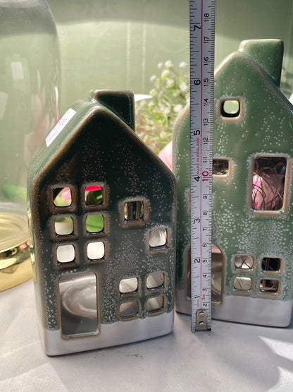 Green Ceramic House Lantern Set – 2 Pieces