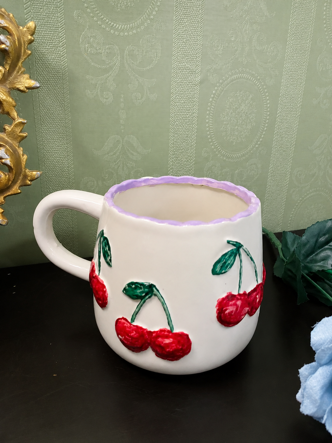 Vintage Cherry Ceramic Mug 4 Inch Cottage Kitchen Cup