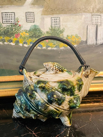 vintage teapot, seashell teapot, conch shell ceramic pot, coastal home decor, english pottery teapot, ocean theme tea set, cottagecore kitchen, collectible teapots pakistan, seaside decor, ceramic teapot england, coastal cottage kitchen, green glaze pottery, vintageceramics, sunsetkitchen, highendthriftfinds, englishvintage
