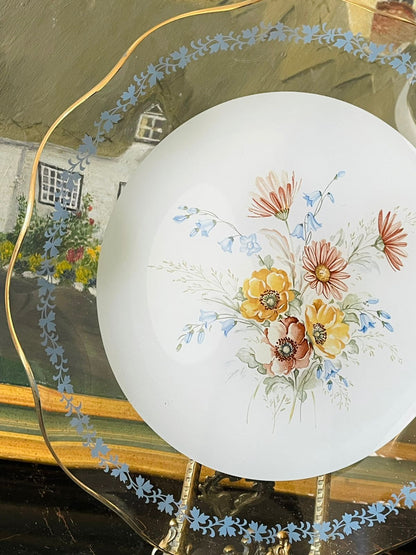 Vintage Hand-Painted Floral Glass Plate – Blue Leaf Border & Gold Trim, Scalloped Edge