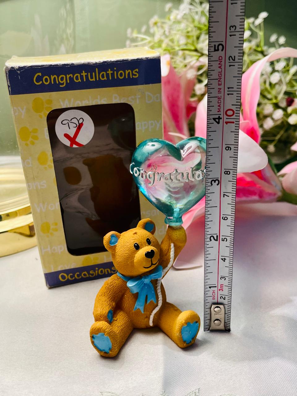 Congratulations Teddy Bear Figurine with Heart Balloon 10 cm