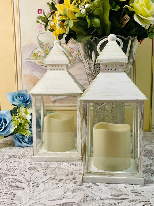 White Rustic LED Cell Candle Lantern with Glass Panels